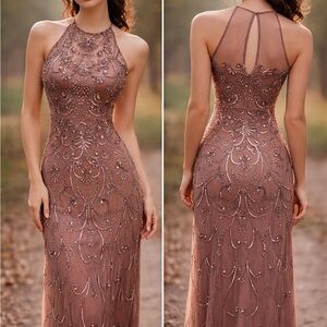 Aidan Mattox Mauve Heavy Beaded Halter Gown with Sheer Back Size 0 EUC